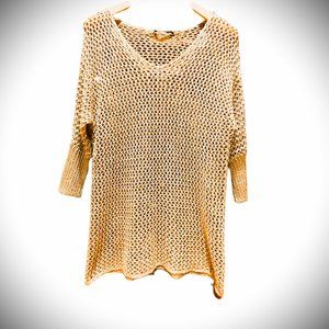 SUZY SHIER Crochet Cable Gold sparkle taupe 3/4 sleeve sweater SZ M